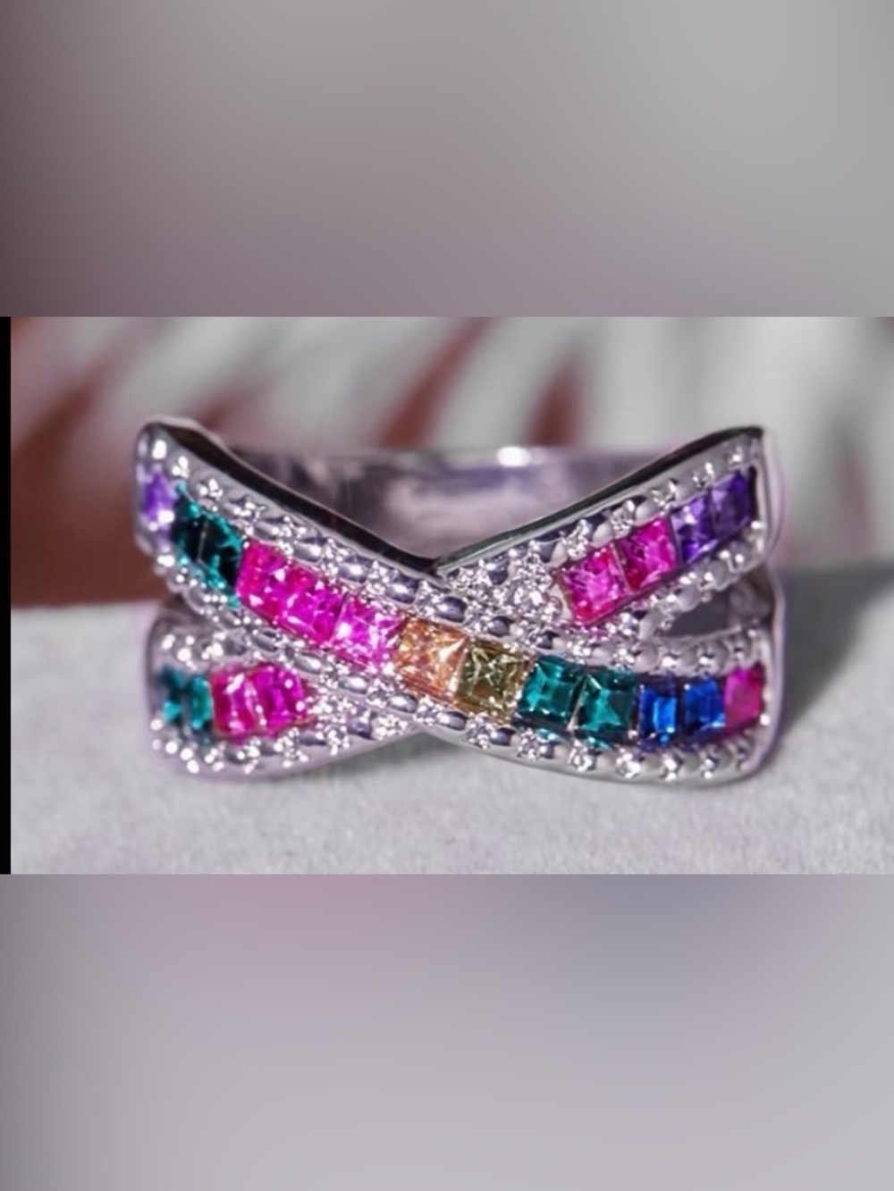 Rainbow Crisscross Multistone Ring in Silver-Tone